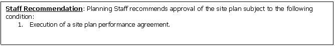 Text Box: Staff Recommendation: Planning Staff recommends approval of the site plan subject to the following condition:
1.	Execution of a site plan performance agreement.


