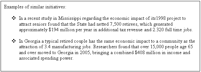 Text Box: Examples of similar initiatives:

v	In a recent study in Mississippi regarding the economic impact of its1998 project to attract seniors found that the State had netted 7,500 retirees, which generated approximately $194 million per year in additional tax revenue and 2.320 full time jobs.

v	In Georgia a typical retired couple has the same economic impact to a community as the attraction of 3.4 manufacturing jobs. Researchers found that over 15,000 people age 65 and over moved to Georgia in 2005, bringing a combined $408 million in income and associated spending power.

