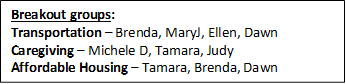 Breakout groups:
Transportation  Brenda, MaryJ, Ellen, Dawn
Caregiving  Michele D, Tamara, Judy
Affordable Housing  Tamara, Brenda, Dawn
